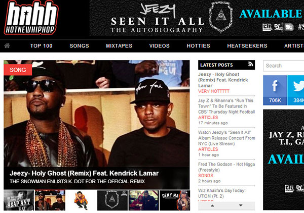 Auf dem Bild sieht man eine Bildschirmaufnahme der Hot New Hip Hop Webseite. 