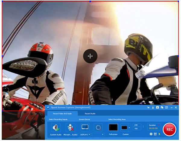 Auf dem Bild ist ein Ausschnitt der Tipard Screen Capture Software zu sehen. Im Hintergrund befinden sich zwei Motorradfahrer, von denen mit Tipard Screen Capture eine Bildschirmaufnahme gemacht wird.