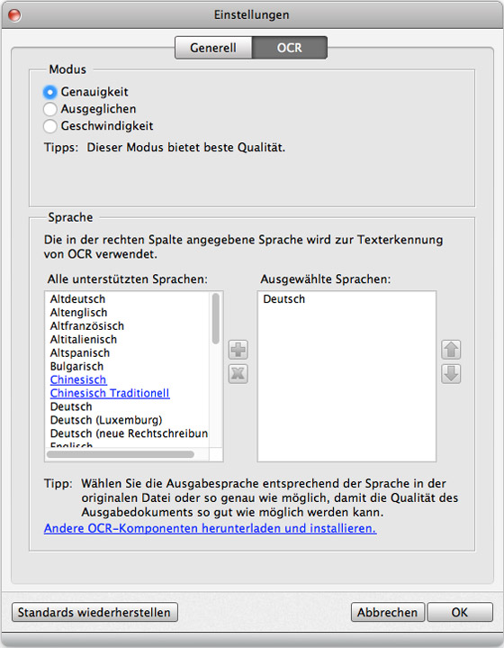 OCR Einstellungen anpassen